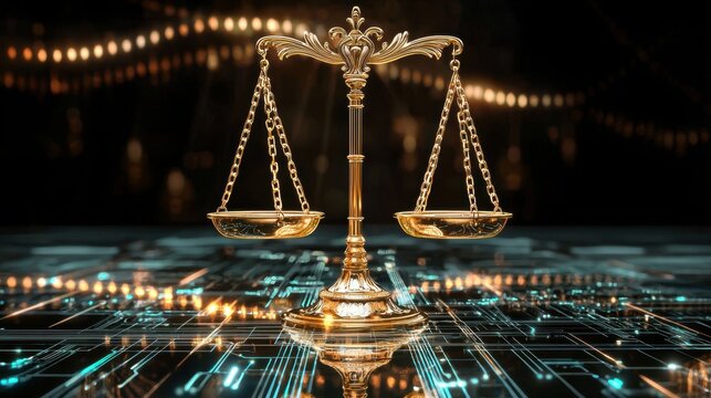 Elegant Golden Scales of Justice on Digital Background for Law Concept