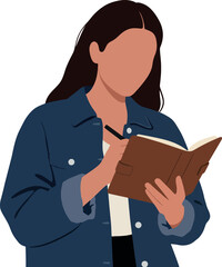 Young Woman Reading Book Wearing Denim Jacket Standing in Minimalist White Background