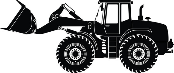 Heavy construction tractor silhouette with large wheels and front loader bucket design perfect for industrial equipment, engineering projects, machinery graphics, vector illustration © kulsum creatives