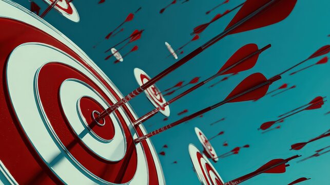 Red And White Bullseye Targets With Arrows On Blue Background