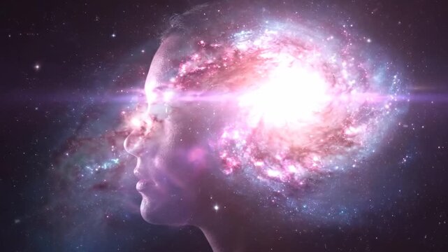 A woman's silhouette with a glowing galaxy in her mind. The universe within as a metaphor for consciousness, creativity, and enlightenment