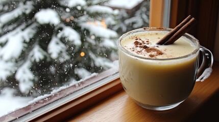 A cozy cup of eggnog with a cinnamon stick, snow-covered pine trees outside the window .