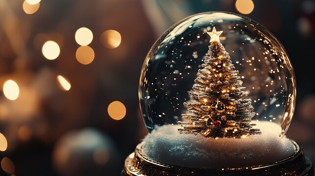 Elegant snow globe with a sparkling Christmas tree, delicate snowflakes swirling inside, festive mood . - Powered by Adobe
