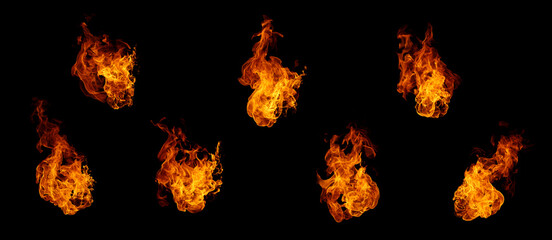 Multiple isolated fire flames on a black background, showcasing dynamic burning shapes, vivid...