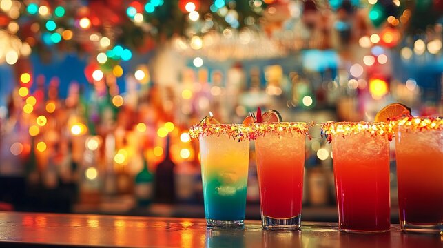 warmly lit bar with colorful cocktails and glowing garlands .