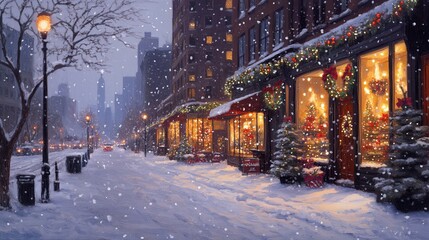 Snowy evening in the city, lights shining from festive storefronts .