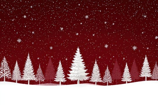 Winter Scene with Snowing and Snowy Trees in White and Red Background