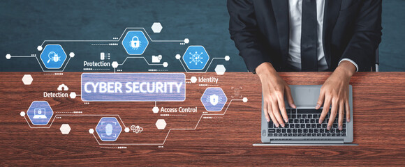 A professional in an office setting engages with cyber security concepts, showcasing data protection measures and strategies through modern infographic elements. Tessel