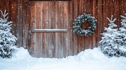 frosty barn door with a large handmade wreath, snow piled at the base of the door .
