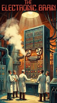 Animated retro illustration of scientists operating a giant electronic brain computer. Vintage science fiction scene in a laboratory with a mainframe. Early computing and technology concept