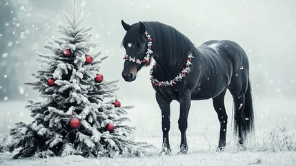 black horse beside decorated pine tree in snowy paddock .