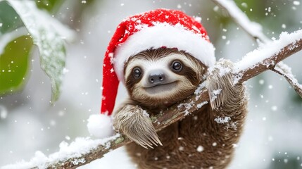 Baby sloth wearing a Santa hat, hanging from a snowy branch .