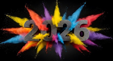 A vibrant and festive explosion of colorful powder celebrating the arrival of the new year 2026