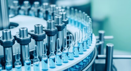 Automated pharmaceutical production line precisely fills blue liquid medical ampoules in a sterile environment, demonstrating advanced manufacturing and quality control technology
