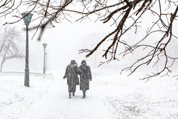 Two silhouettes of people in warm coats walk away along a snowy alley in the city park during a heavy winter blizzard snowstorm framed by dark bare tree branches and vintage street lamps