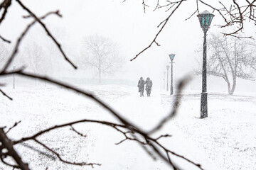 Two silhouettes of people in warm coats walk away along a snowy alley in the city park during a heavy winter blizzard snowstorm framed by dark bare tree branches and vintage street lamps