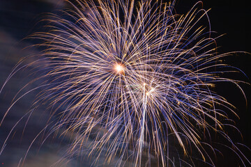 Beautiful bright colorful fireworks explode in the dark night sky during a large holiday celebration creating a magical atmosphere of pure joy and happiness for a wonderful New Year party
