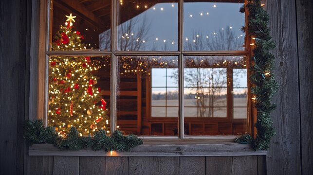 barn window view showing inside with lights, a Christmas tree, and garlands decorating the space .
