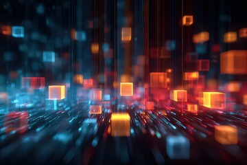 Abstract Digital Cubes with Glowing Light Effects in a Dark Background