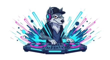 Cool wolf DJ playing music with turntables isolated PNG with Transparent Background