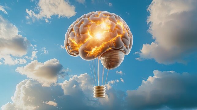 Creative Concept of Hot Air Balloon Brain with Clouds in Background