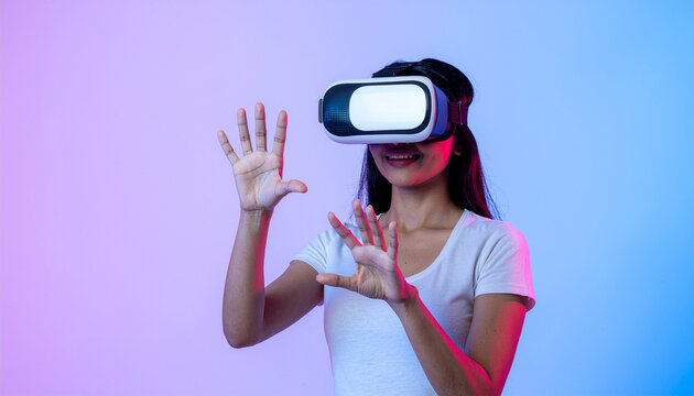 Young woman experiencing virtual reality with a VR headset, interacting with a digital interface against a vibrant neon background.