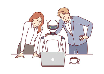 Colleagues Supervising Robot Working on Laptop