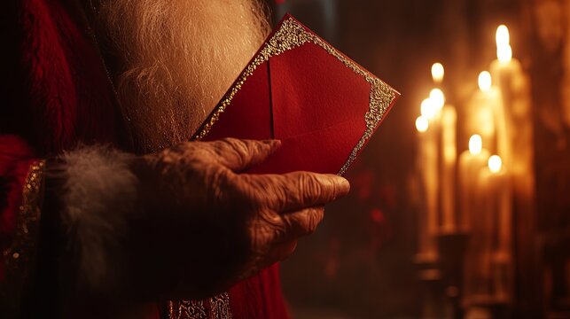 Close-up of Santa hands opening a red envelope with golden trim by candlelight. .