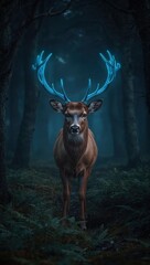Majestic deer with glowing neon antlers standing in enchanted forest at dusk, mystical nature fantasy scene
