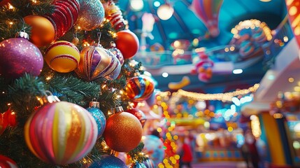 Fototapeta premium Whimsical Christmas tree with colorful ornaments, soft-focus carnival lights .