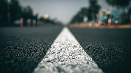 Asphalt Roadway With White Center Line Leading Towards Blurred Horizon and Green Foliage