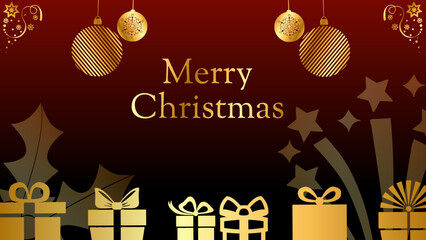 A premium dark maroon Christmas background featuring golden 'Merry Christmas' script with festive ornaments, stars, and a gift frame, perfect for digital greetings
