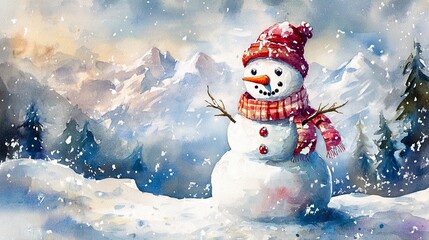 Watercolor snowman with snow-covered mountains in background .