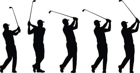Silhouettes of male golfers swinging clubs in different positions, golf stance, sports motion, athletic activity vector set for design