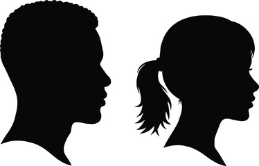 Silhouettes of man and woman heads in profile view—male and female face outlines isolated on white background