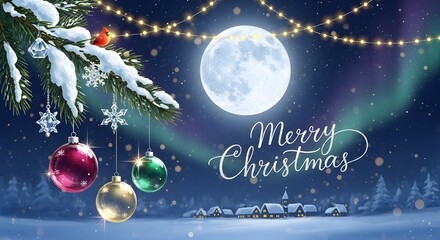 Merry Christmas Card with Full Moon Northern Lights Snow Village Ornaments Cardinal Bird Winter Night