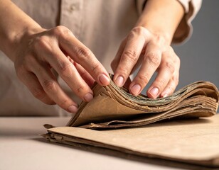 Hands carefully turning pages of an old, weathered book on a table