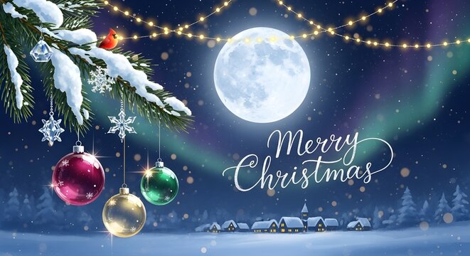 Merry Christmas Card with Full Moon Northern Lights Snow Village Ornaments Cardinal Bird Winter Night
