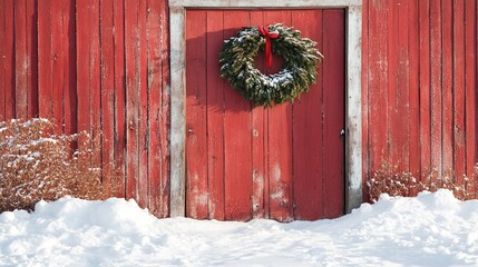 frosty barn door with a large handmade wreath, snow piled at the base of the door .