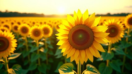Fototapeta premium Sunflower field at sunset with golden petals