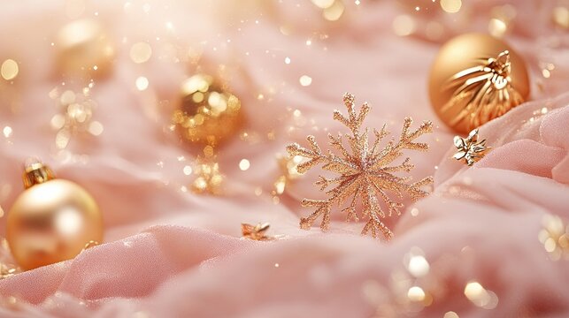 golden snowflakes and shining golden ornaments on a soft blush pink background .