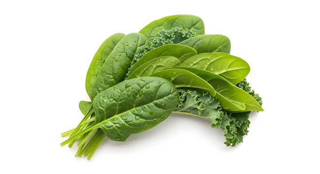 Fresh green spinach and kale leaves isolated on a white background