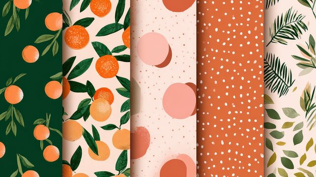 Assorted Seamless Patterns with Orange Fruits Dots and Foliage on Dark Green Pink and Beige Backgrounds for Textile Design