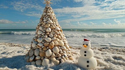 Christmas tree made of seashells on beach, sand snowmen, ocean backdrop .