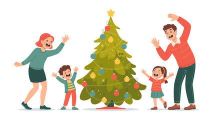 Festive Family: A joyous family gathers around a decorated tree, their arms raised in an expression of excitement and warmth. It's a scene of togetherness, capturing the spirit of celebration.