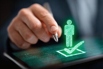 A person is drawing a green man on a tablet