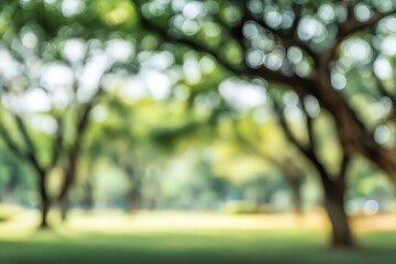 Blurred Green Forest Canopy and Lush Grass in a Park Setting