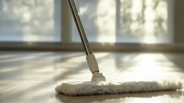 Video A mop leaning against a window frame, with a view outside