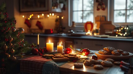 Christmas baking scene, cookies, candles, cozy kitchen atmosphere .
