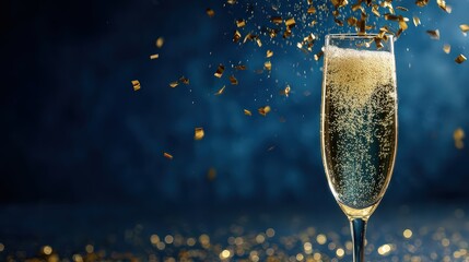 Champagne Glass With Golden Glitter Confetti Against Blue Background Celebration Concept